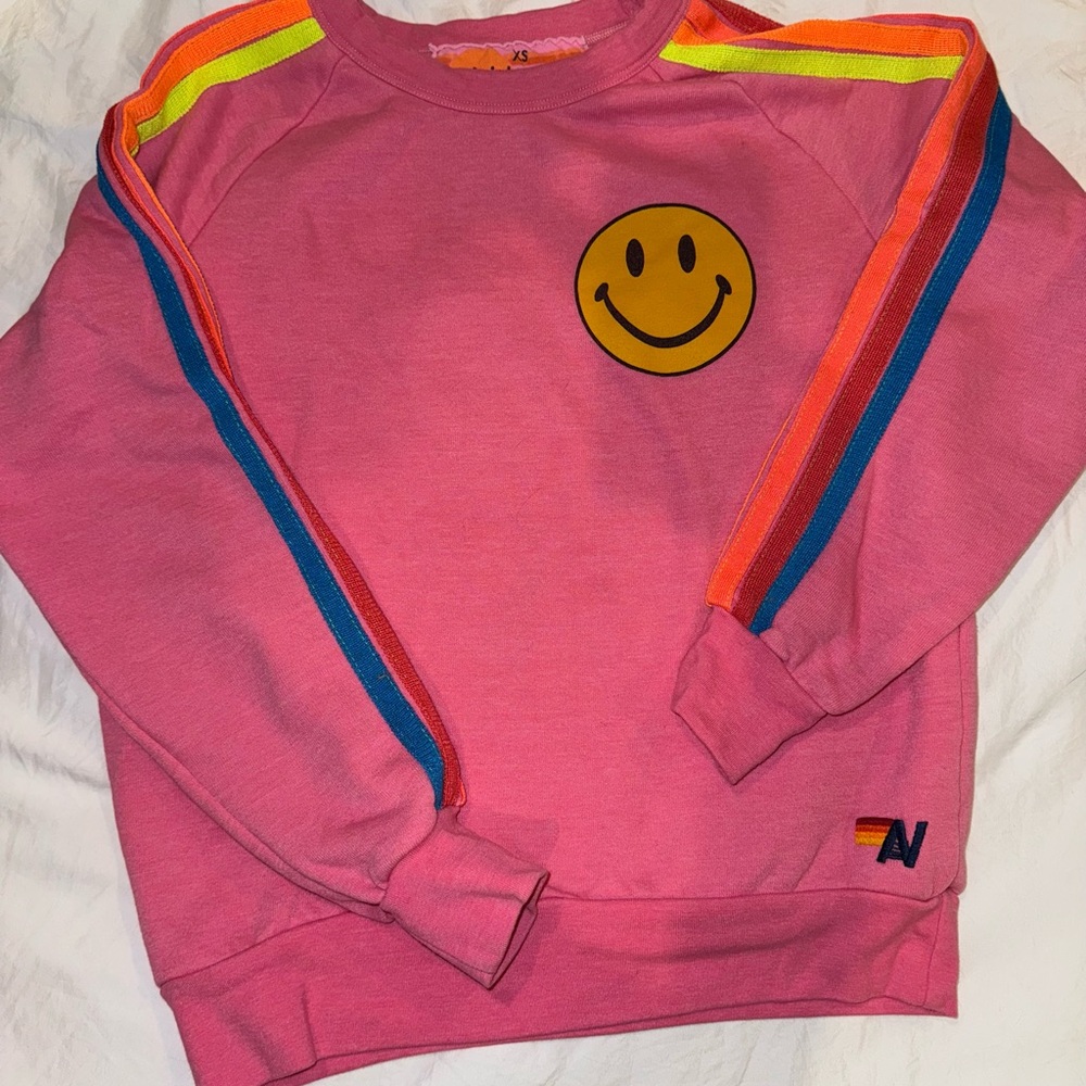 Aviator Nation cropped sweatshirt in neon pink with smiley face. XS